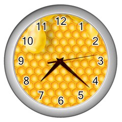 Abstract Honeycomb Background With Realistic Transparent Honey Drop Wall Clock (silver) by Vaneshart