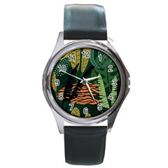 Abstract Seamless Pattern With Tropical Leaves Round Metal Watch by Vaneshart