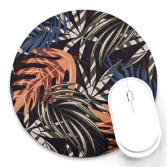 Trend Seamless Pattern With Colorful Tropical Leaves Plants Brown Background Round Mousepads by Vaneshart