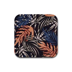 Trend Seamless Pattern With Colorful Tropical Leaves Plants Brown Background Rubber Square Coaster (4 Pack)  by Vaneshart