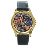 Trend Seamless Pattern With Colorful Tropical Leaves Plants Brown Background Round Gold Metal Watch Front