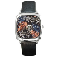 Trend Seamless Pattern With Colorful Tropical Leaves Plants Brown Background Square Metal Watch by Vaneshart