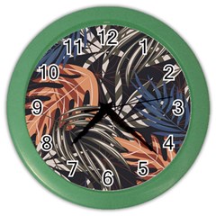 Trend Seamless Pattern With Colorful Tropical Leaves Plants Brown Background Color Wall Clock by Vaneshart