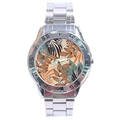 Trend Abstract Seamless Pattern With Colorful Tropical Leaves Plants Beige Stainless Steel Analogue Watch by Vaneshart