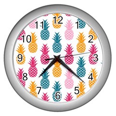 Tropic Fruit Pineapple Seamless Pattern Design Vector Illustration Wall Clock (silver) by Vaneshart