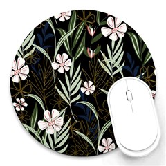 Trending Abstract Seamless Pattern With Colorful Tropical Leaves Plants Black Background Round Mousepads by Vaneshart