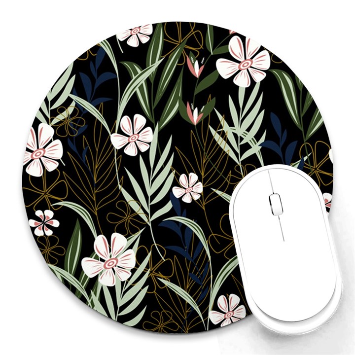 Trending Abstract Seamless Pattern With Colorful Tropical Leaves Plants Black Background Round Mousepads