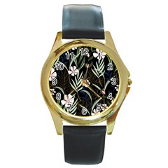 Trending Abstract Seamless Pattern With Colorful Tropical Leaves Plants Black Background Round Gold Metal Watch by Vaneshart