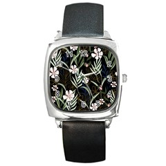 Trending Abstract Seamless Pattern With Colorful Tropical Leaves Plants Black Background Square Metal Watch by Vaneshart