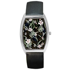 Trending Abstract Seamless Pattern With Colorful Tropical Leaves Plants Black Background Barrel Style Metal Watch by Vaneshart