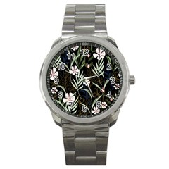 Trending Abstract Seamless Pattern With Colorful Tropical Leaves Plants Black Background Sport Metal Watch by Vaneshart