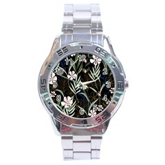 Trending Abstract Seamless Pattern With Colorful Tropical Leaves Plants Black Background Stainless Steel Analogue Watch by Vaneshart