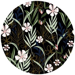 Trending Abstract Seamless Pattern With Colorful Tropical Leaves Plants Black Background Wooden Puzzle Round