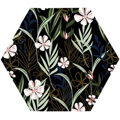 Trending Abstract Seamless Pattern With Colorful Tropical Leaves Plants Black Background Wooden Puzzle Hexagon