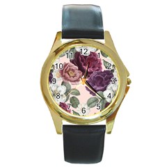 Romantic Floral Background Round Gold Metal Watch by Vaneshart