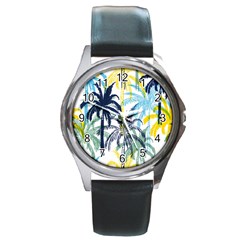 Colorful Summer Palm Trees White Forest Background Round Metal Watch by Vaneshart