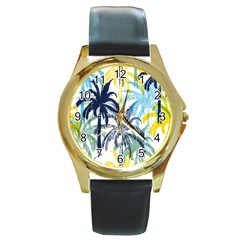 Colorful Summer Palm Trees White Forest Background Round Gold Metal Watch by Vaneshart