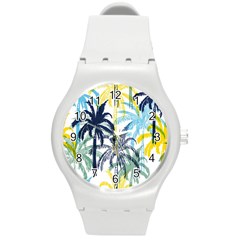 Colorful Summer Palm Trees White Forest Background Round Plastic Sport Watch (m) by Vaneshart