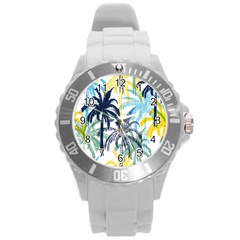 Colorful Summer Palm Trees White Forest Background Round Plastic Sport Watch (l) by Vaneshart