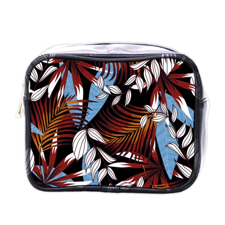 Trending Abstract Seamless Pattern With Colorful Tropical Leaves Plants Black Mini Toiletries Bag (One Side)