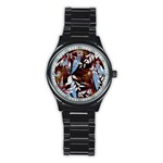 Trending Abstract Seamless Pattern With Colorful Tropical Leaves Plants Black Stainless Steel Round Watch Front