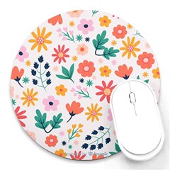 Flat Colorful Flowers Leaves Background Round Mousepads by Vaneshart