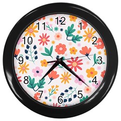 Flat Colorful Flowers Leaves Background Wall Clock (black) by Vaneshart