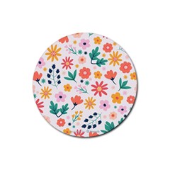 Flat Colorful Flowers Leaves Background Rubber Coaster (round)  by Vaneshart