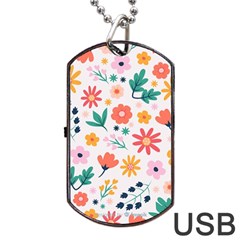 Flat Colorful Flowers Leaves Background Dog Tag Usb Flash (one Side) by Vaneshart