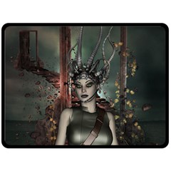 Awesome Fantasy Women With Helmet Fleece Blanket (large)  by FantasyWorld7