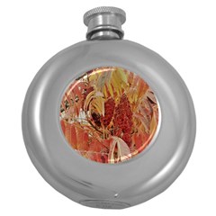 Autumn Colors Leaf Leaves Brown Red Round Hip Flask (5 Oz)