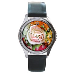 Floral Bouquet Orange Pink Rose Round Metal Watch by yoursparklingshop