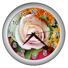 Floral Bouquet Orange Pink Rose Wall Clock (silver) by yoursparklingshop