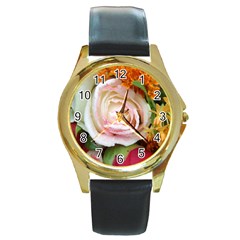 Floral Bouquet Orange Pink Rose Round Gold Metal Watch by yoursparklingshop