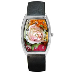 Floral Bouquet Orange Pink Rose Barrel Style Metal Watch by yoursparklingshop