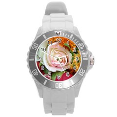 Floral Bouquet Orange Pink Rose Round Plastic Sport Watch (l) by yoursparklingshop