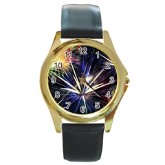 Fireworks Rocket Night Lights Round Gold Metal Watch by HermanTelo