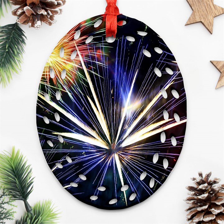 Fireworks Rocket Night Lights Oval Filigree Ornament (Two Sides)