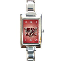 Awesome Heart With Skulls And Wings Rectangle Italian Charm Watch by FantasyWorld7