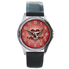 Awesome Heart With Skulls And Wings Round Metal Watch by FantasyWorld7