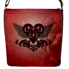 Awesome Heart With Skulls And Wings Flap Closure Messenger Bag (s) by FantasyWorld7