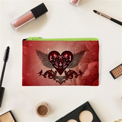 Awesome Heart With Skulls And Wings Cosmetic Bag (xs) by FantasyWorld7