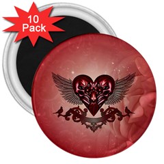 Awesome Heart With Skulls And Wings 3  Magnets (10 Pack)  by FantasyWorld7