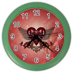 Awesome Heart With Skulls And Wings Color Wall Clock by FantasyWorld7