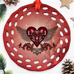 Awesome Heart With Skulls And Wings Round Filigree Ornament (two Sides)