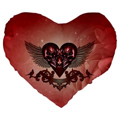 Awesome Heart With Skulls And Wings Large 19  Premium Flano Heart Shape Cushions by FantasyWorld7