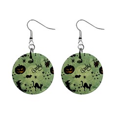 Funny Halloween Pattern With Witch, Cat And Pumpkin Mini Button Earrings by FantasyWorld7