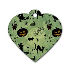 Funny Halloween Pattern With Witch, Cat And Pumpkin Dog Tag Heart (two Sides) by FantasyWorld7