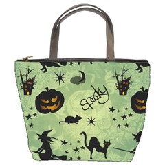 Funny Halloween Pattern With Witch, Cat And Pumpkin Bucket Bag by FantasyWorld7