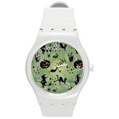 Funny Halloween Pattern With Witch, Cat And Pumpkin Round Plastic Sport Watch (m) by FantasyWorld7